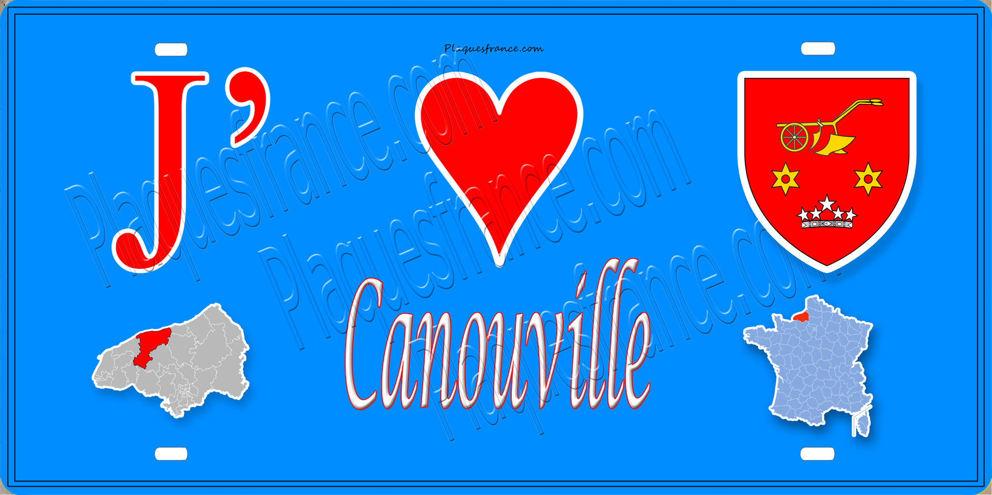Plaque métal décorative 15X30 J' ❤️ Canouville, Seine Maritime (76) bleu carte