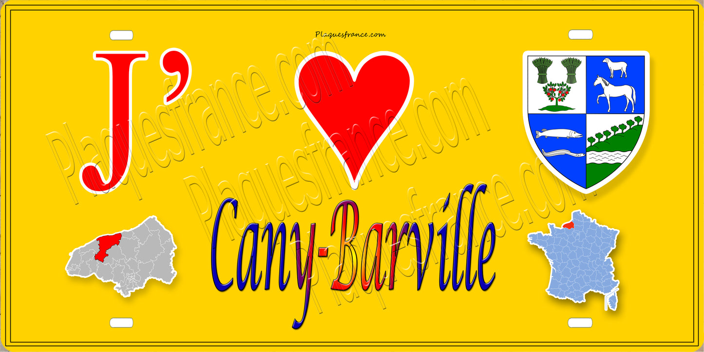 Plaque métal décorative 15X30 J' ❤️ Cany-Barville, Seine Maritime (76) jaune carte