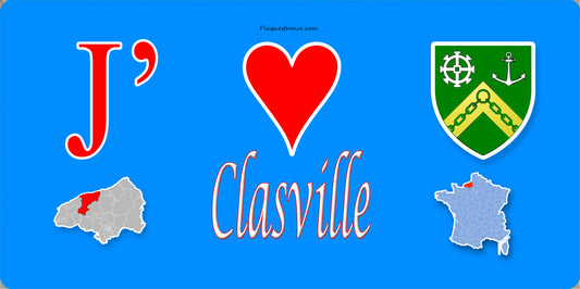Plaque métal décorative 15X30 J' ❤️ Clasville, Seine Maritime (76) bleu carte