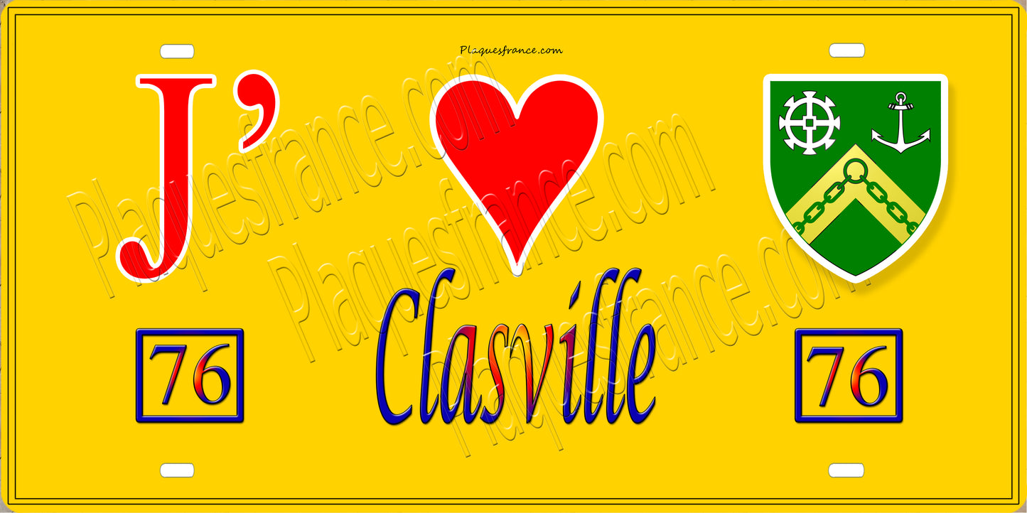 Plaque métal décorative 15X30 J' ❤️ Clasville, Seine Maritime (76) jaune