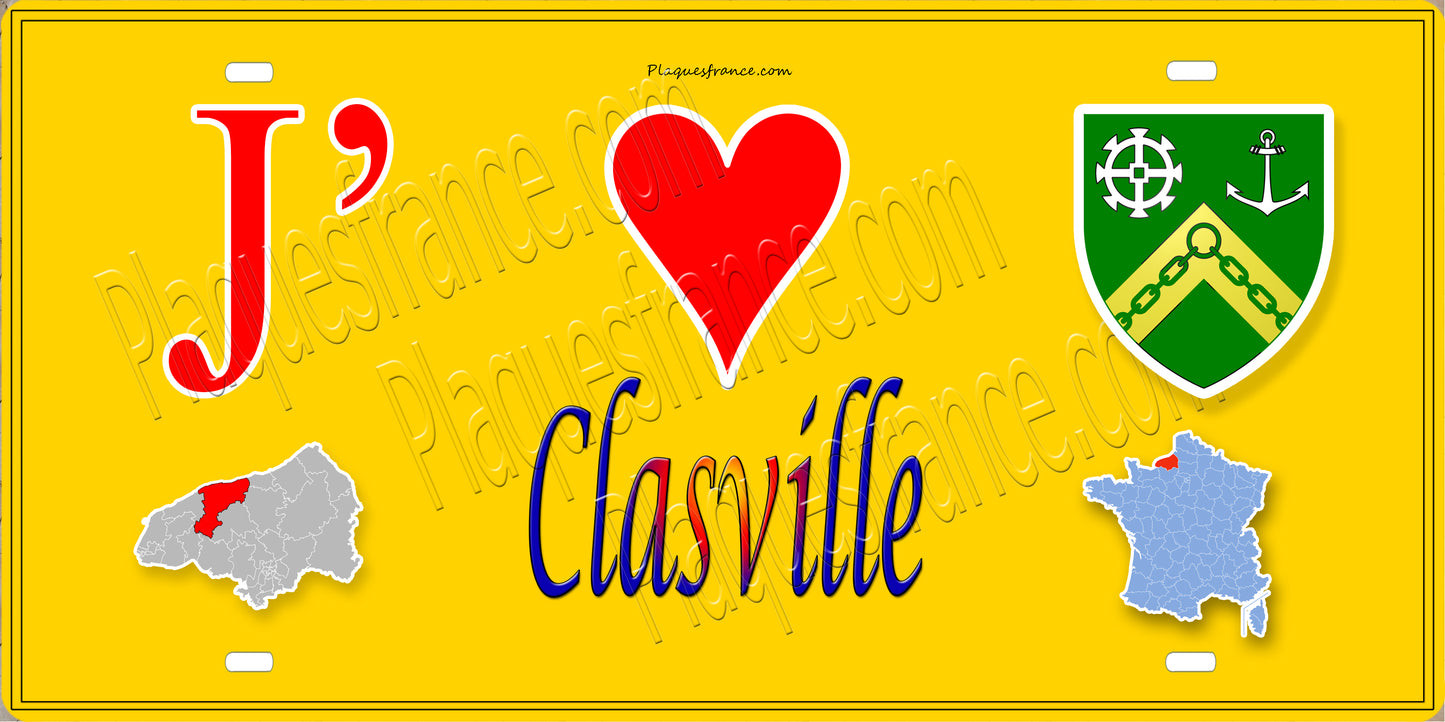 Plaque métal décorative 15X30 J' ❤️ Cleuville, Seine Maritime (76) jaune carte