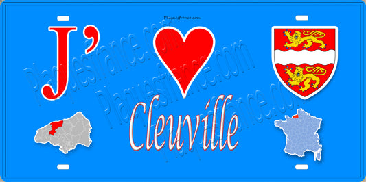Plaque métal décorative 15X30 J' ❤️ Cléville, Seine Maritime (76) bleu carte