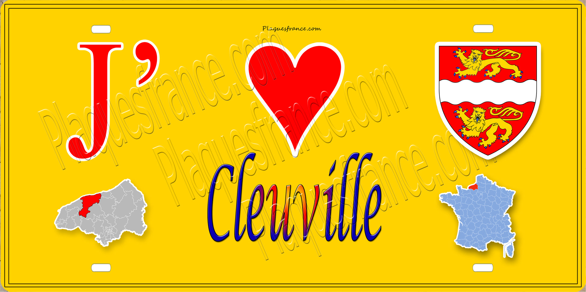 Plaque métal décorative 15X30 J' ❤️ Cléville, Seine Maritime (76) jaune carte