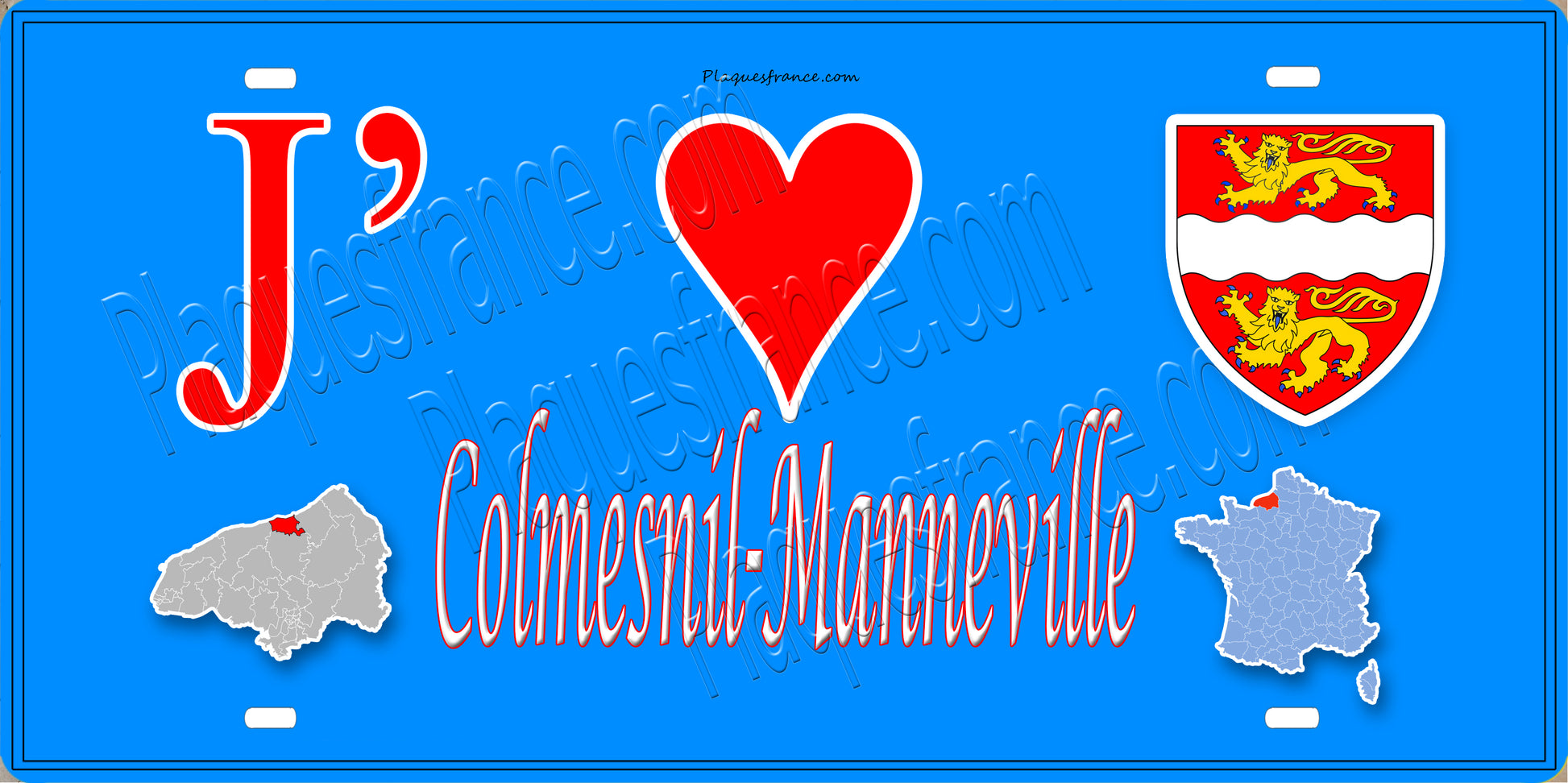 Plaque métal décorative 15x30 J' ❤️ Colmesnil-Manneville, Seine Maritime (76) bleu carte