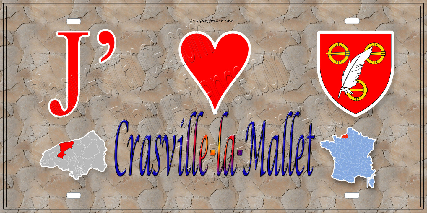 Plaque métal décorative 15X30 J' ❤️ Crasville-la-Mallet, Seine Maritime (76) antique carte