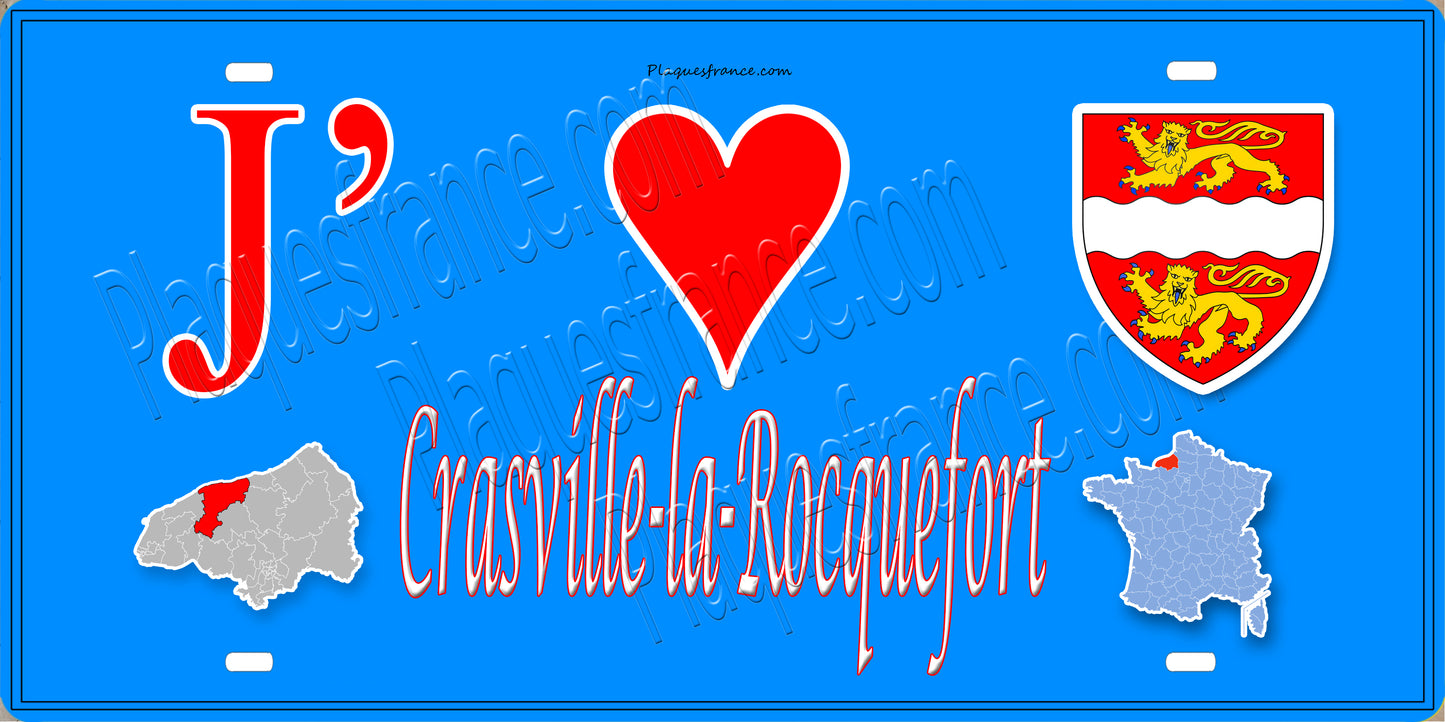 Plaque métal décorative 15X30 J' ❤️ Crasville-la-Rocquefort, Seine Maritime (76) bleu carte