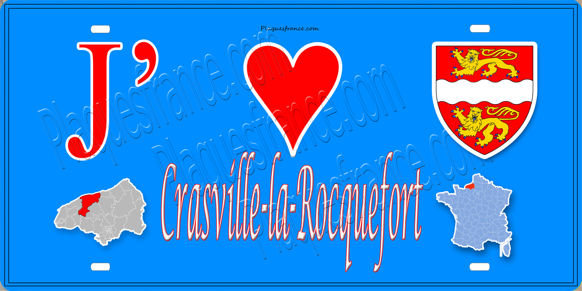 Plaque métal décorative 15X30 J' ❤️ Crasville-la-Rocquefort, Seine Maritime (76) bleu carte