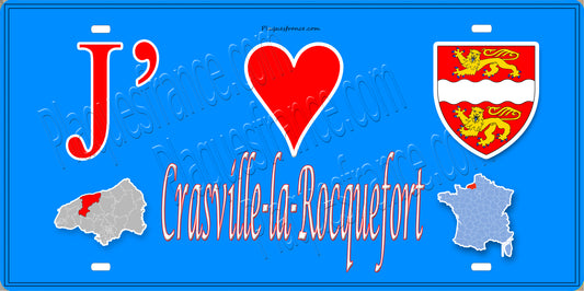 Plaque métal décorative 15X30 J' ❤️ Crasville-la-Rocquefort, Seine Maritime (76) bleu carte