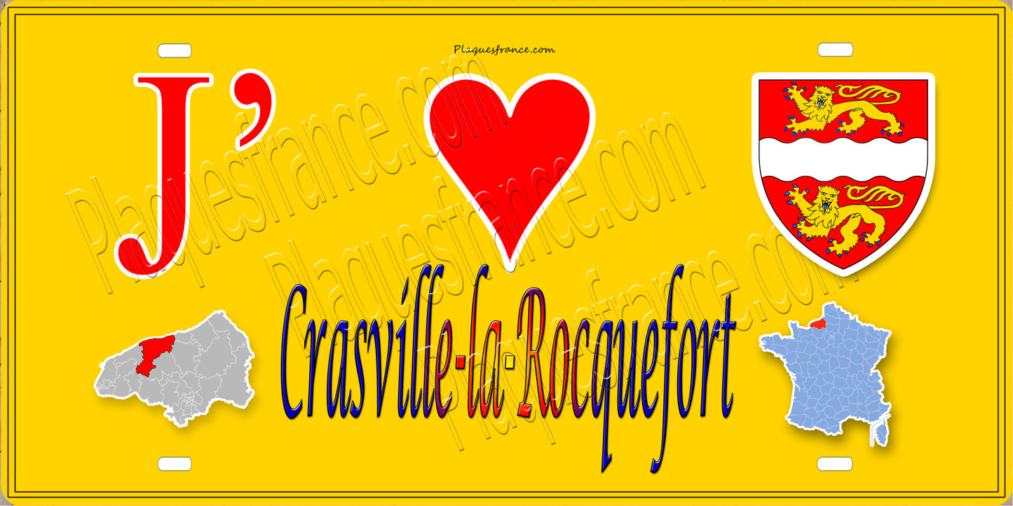 Plaque métal décorative 15X30 J' ❤️ Crasville-la-Rocquefort, Seine Maritime (76)jaune carte
