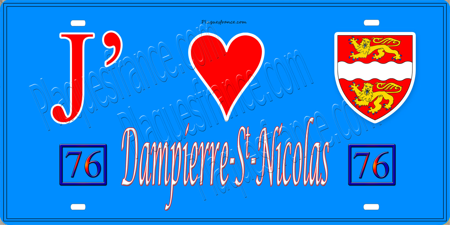 Plaque métal décorative 15x30 J' ❤️ Dampierre-Saint-Nicolas, Seine Maritime (76) bleu