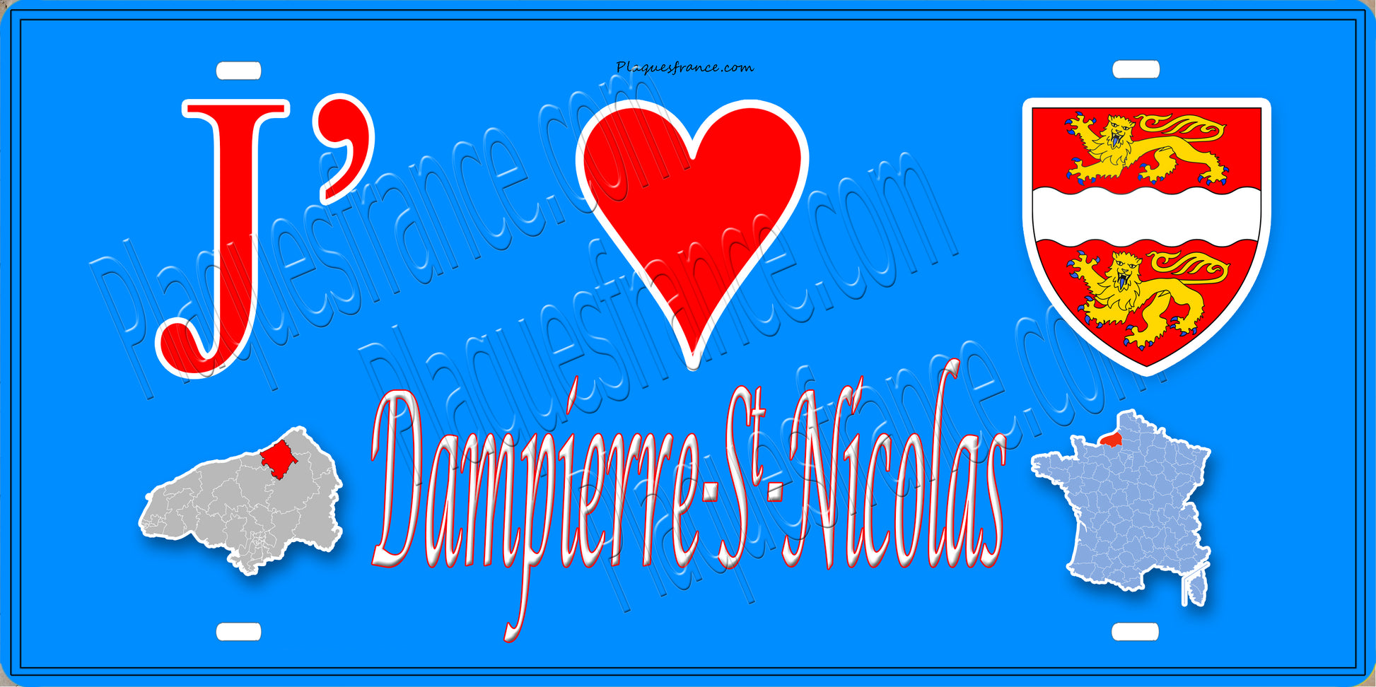 Plaque métal décorative 15x30 J' ❤️ Dampierre-Saint-Nicolas, Seine Maritime (76) bleu carte