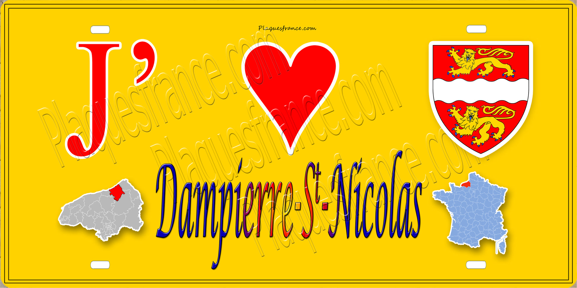 Plaque métal décorative 15x30 J' ❤️ Dampierre-Saint-Nicolas, Seine Maritime (76) jaune carte