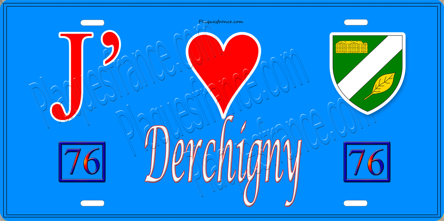 Plaque métal décorative  J' ❤️ Derchigny, Seine Maritime (76) bleu