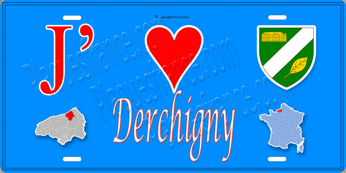 Plaque métal décorative  J' ❤️ Derchigny, Seine Maritime (76) bleu carte