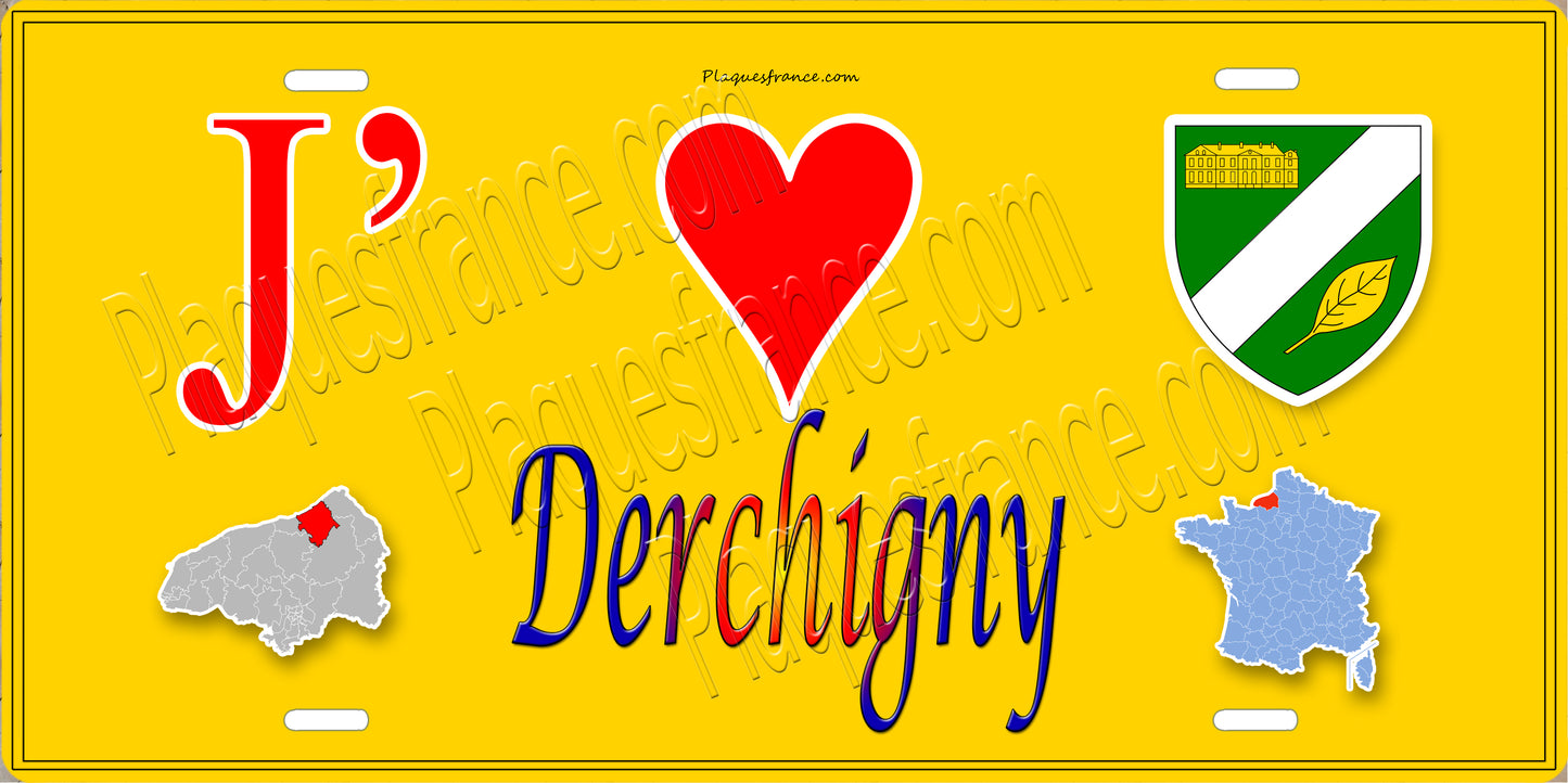 Plaque métal décorative  J' ❤️ Derchigny, Seine Maritime (76) jaune carte