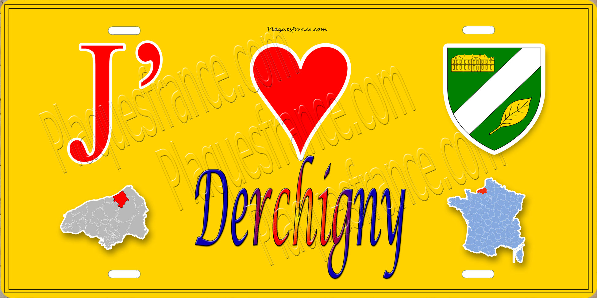Plaque métal décorative  J' ❤️ Derchigny, Seine Maritime (76) jaune carte