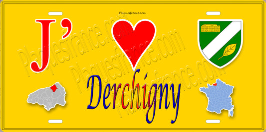 Plaque métal décorative  J' ❤️ Derchigny, Seine Maritime (76) jaune carte