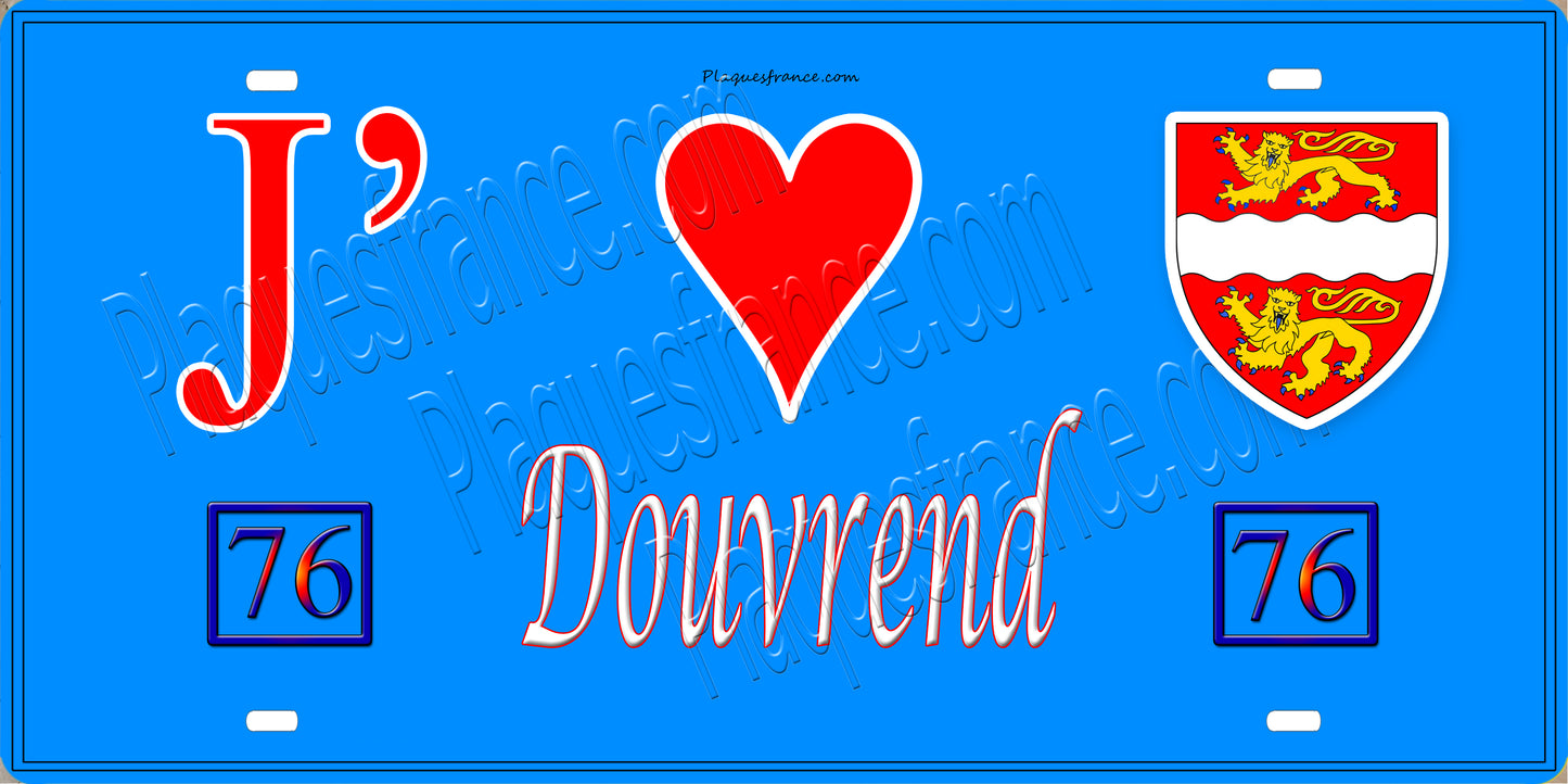 Plaque métal décorative 15x30 J' ❤️ Douvrend, Seine Maritime (76) bleu