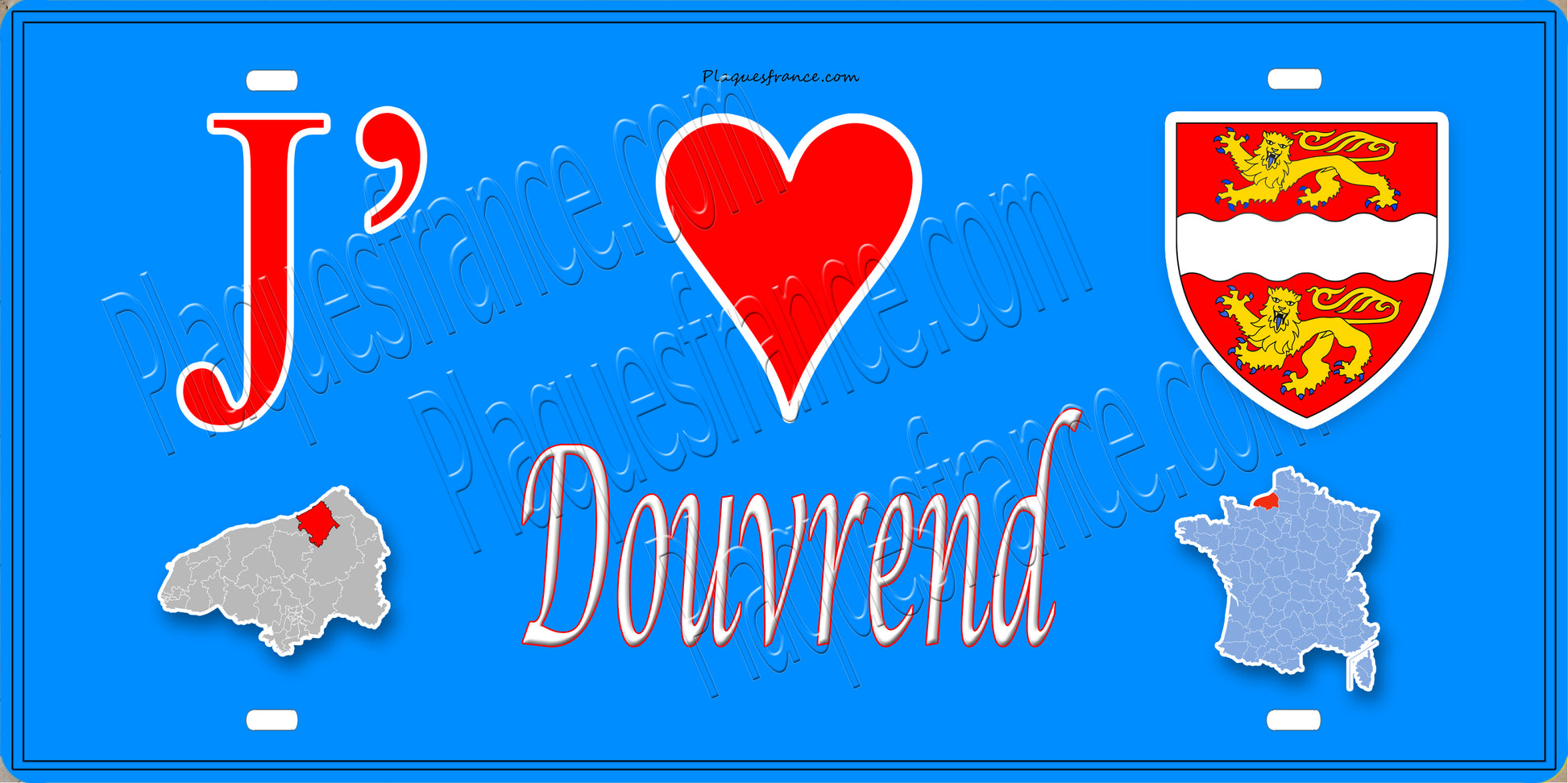 Plaque métal décorative 15x30 J' ❤️ Douvrend, Seine Maritime (76) bleu carte