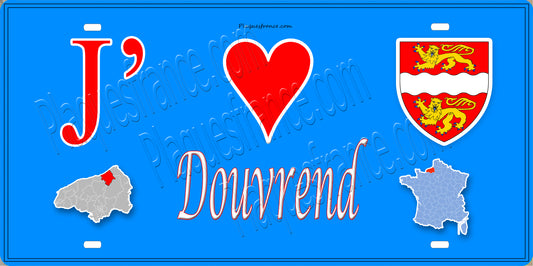 Plaque métal décorative 15x30 J' ❤️ Douvrend, Seine Maritime (76) bleu carte