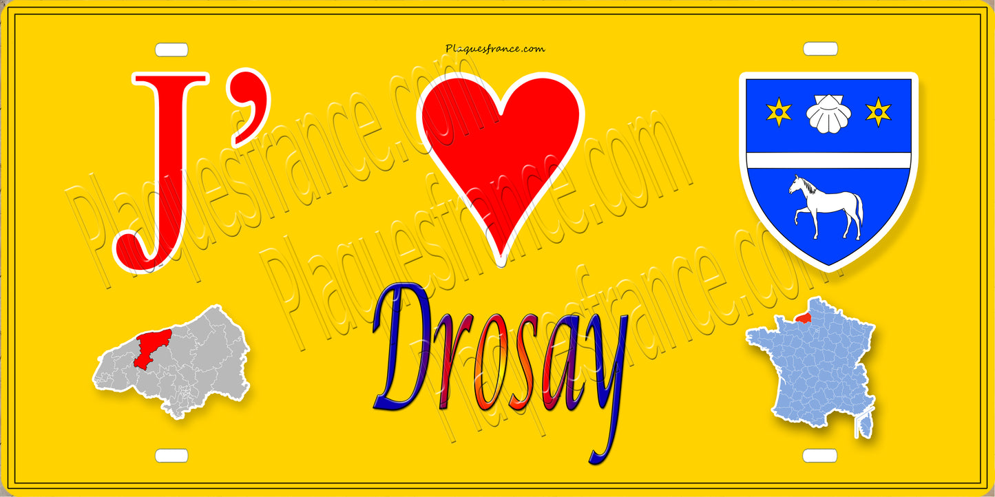 Plaque métal décorative 15X30 J' ❤️ Drosay, Seine Maritime (76) jaune carte