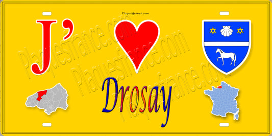 Plaque métal décorative 15X30 J' ❤️ Drosay, Seine Maritime (76) jaune carte