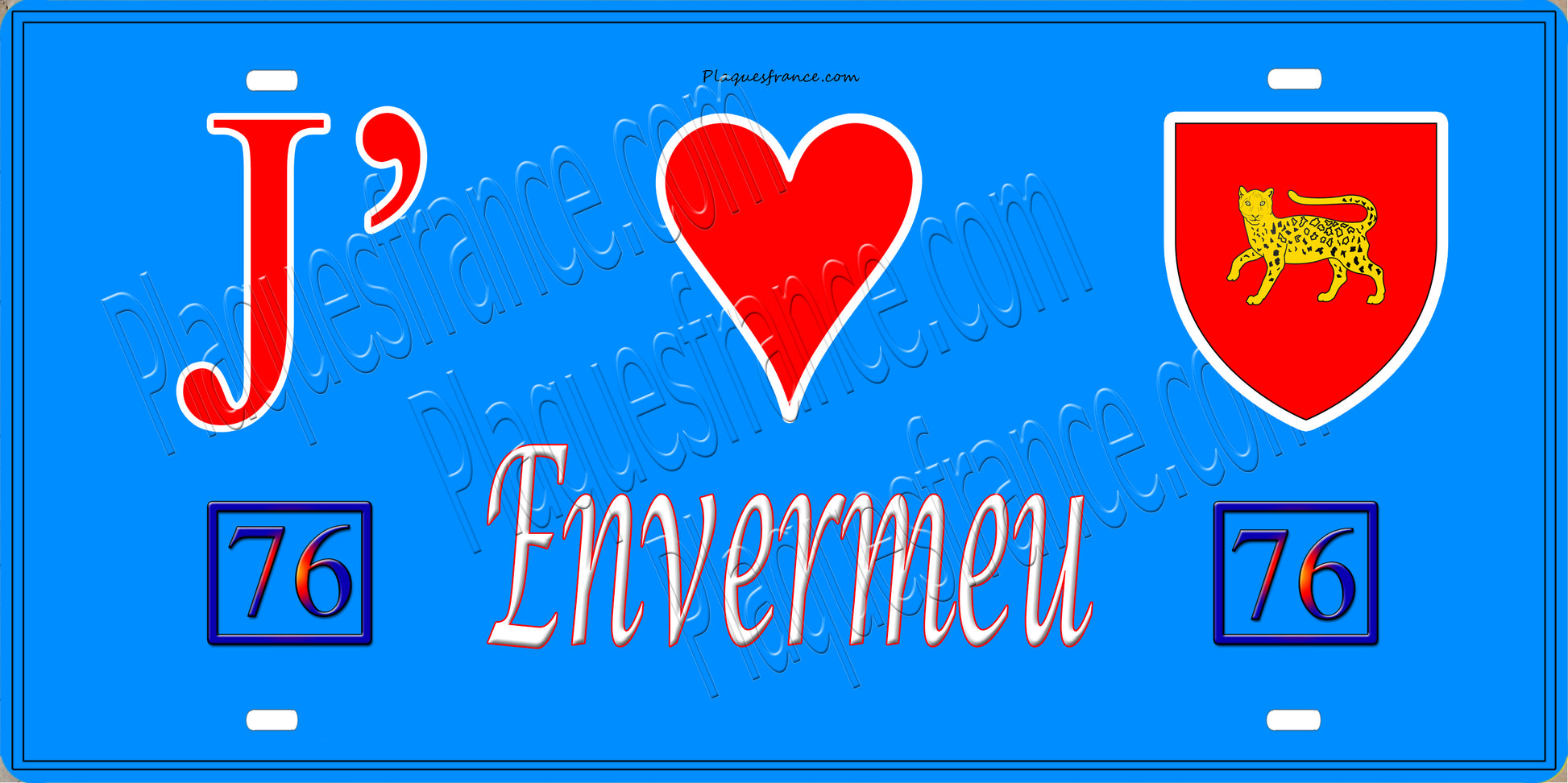 Plaque métal décorative 15x30 J' ❤️ Envermeu, Seine Maritime (76) bleu