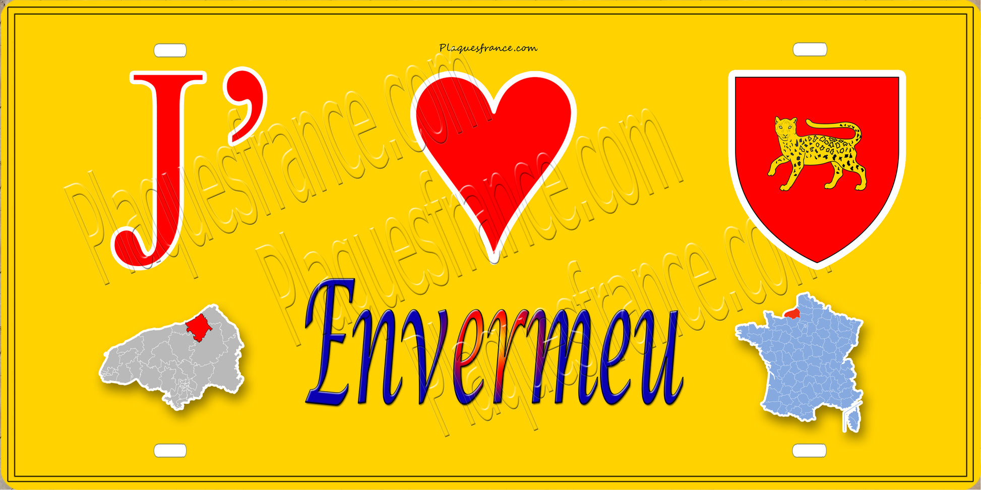 Plaque métal décorative 15x30 J' ❤️ Envermeu, Seine Maritime (76) jaune carte