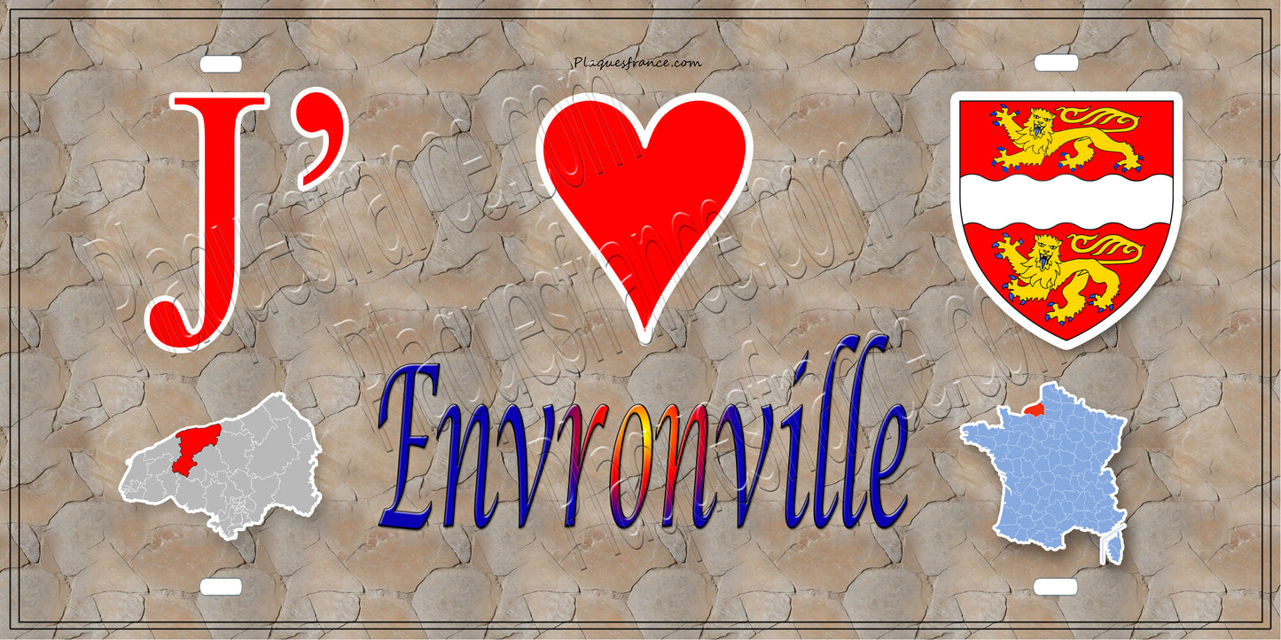 Plaque métal décorative 15X30 J' ❤️ Envronville, Seine Maritime (76) antique carte