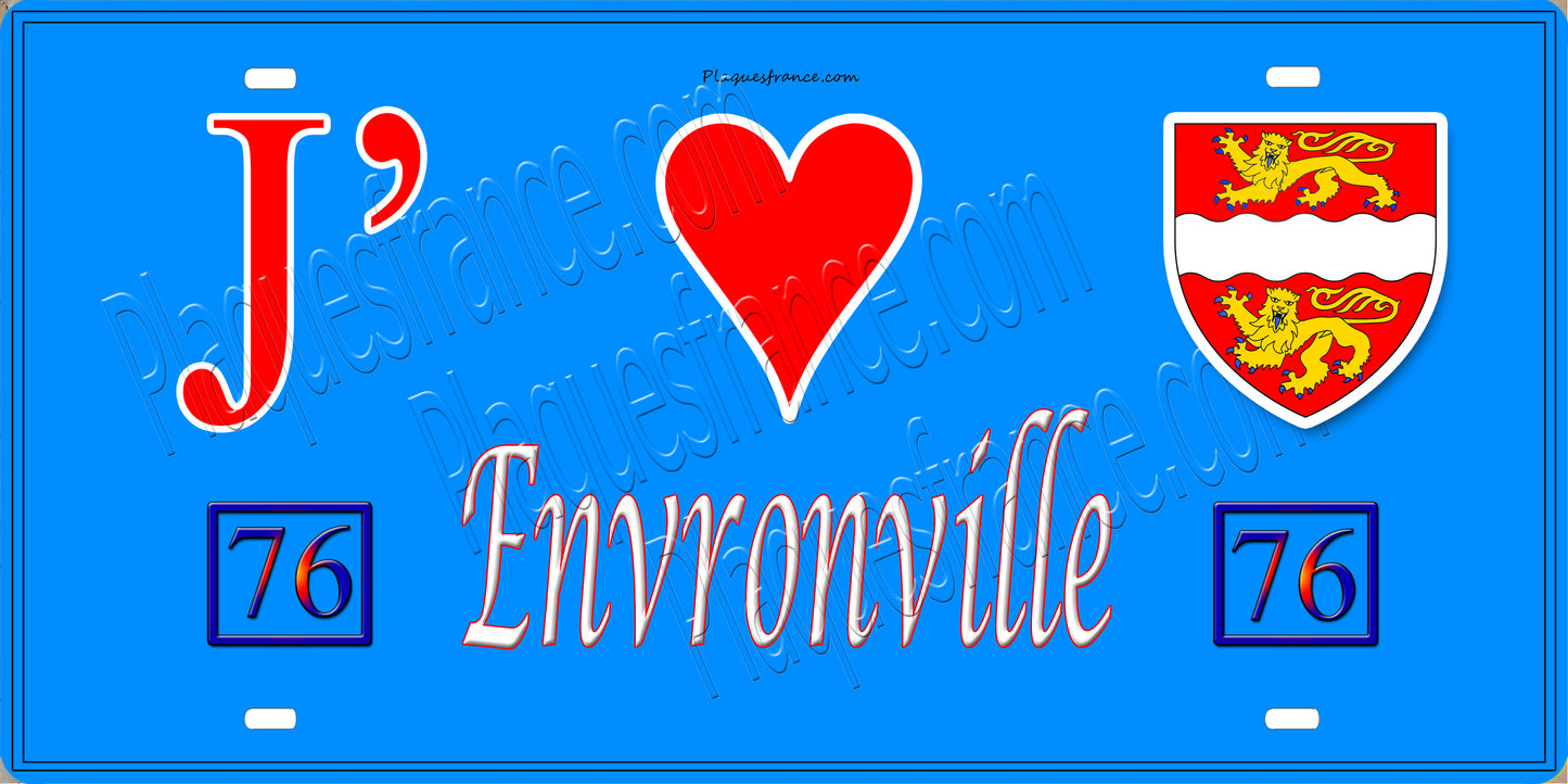 Plaque métal décorative 15X30 J' ❤️ Envronville, Seine Maritime (76) bleu