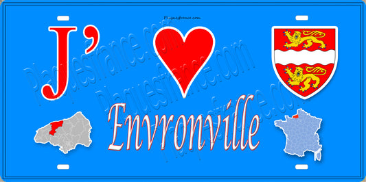 Plaque métal décorative 15X30 J' ❤️ Envronville, Seine Maritime (76) bleu carte