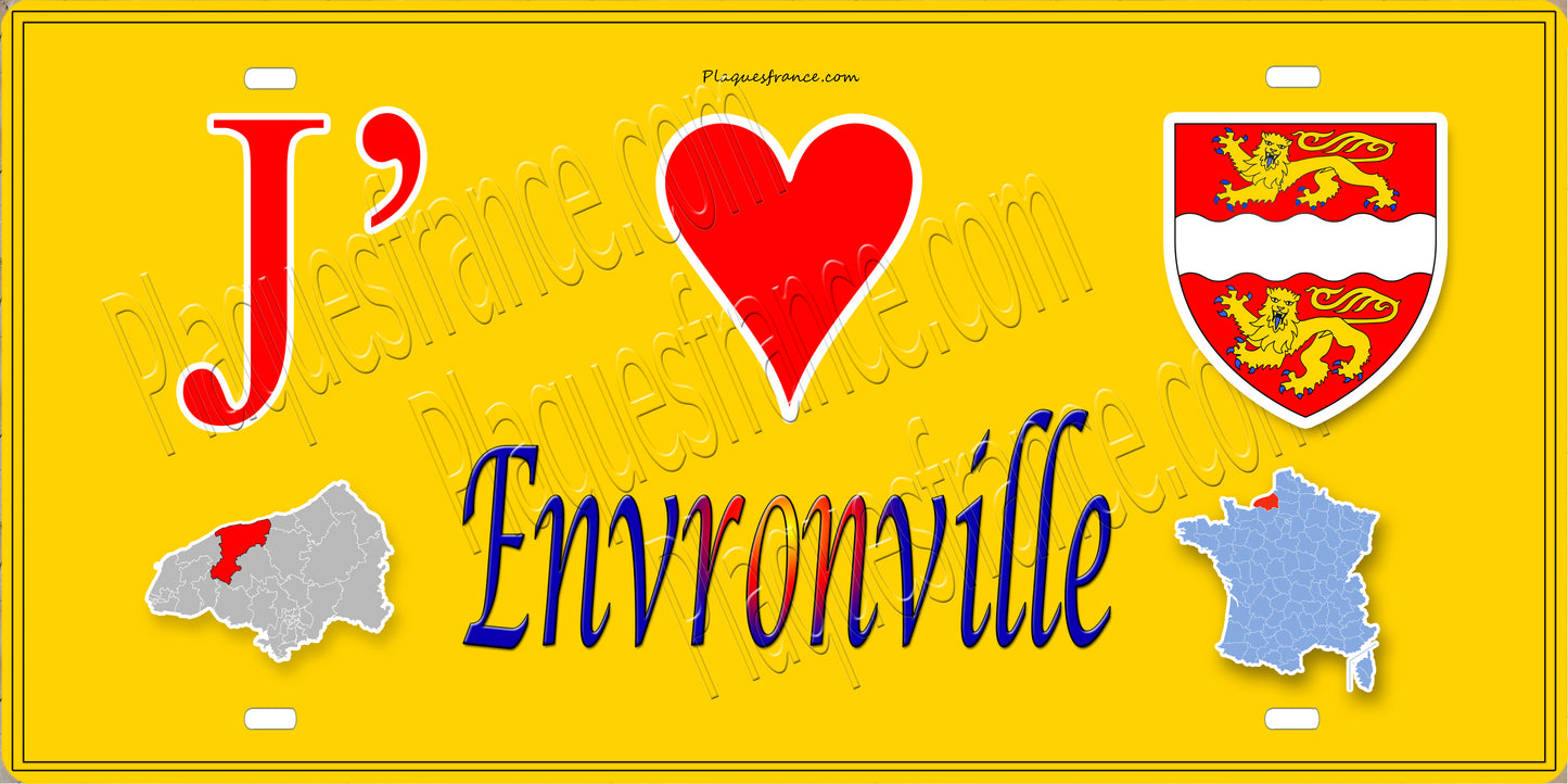 Plaque métal décorative 15X30 J' ❤️ Envronville, Seine Maritime (76) jaune carte