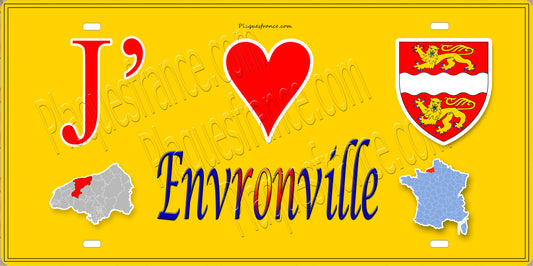 Plaque métal décorative 15X30 J' ❤️ Envronville, Seine Maritime (76) jaune carte