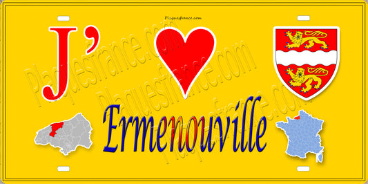 Plaque métal décorative 15X30 J' ❤️ Ermenouville, Seine Maritime (76) jaune carte
