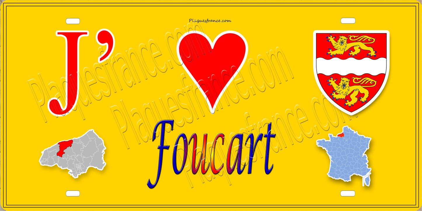 Plaque métal décorative 15X30 J' ❤️ Foucart, Seine Maritime (76) jaune carte