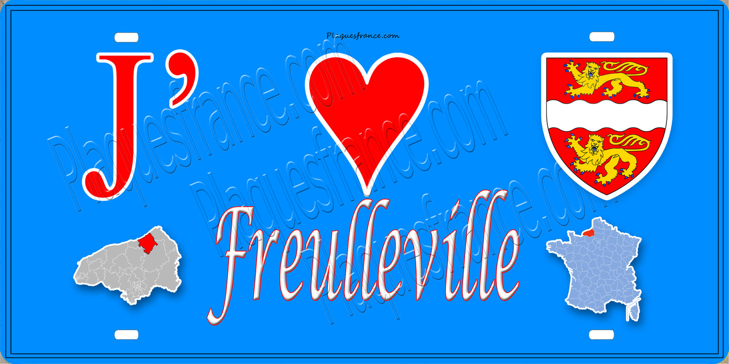 Plaque métal décorative 15x30 J' ❤️ Freulleville, Seine Maritime (76) bleu carte