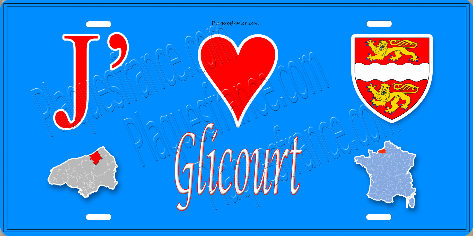 Plaque métal décorative  J' ❤️ Glicourt, Seine Maritime (76) bleu carte