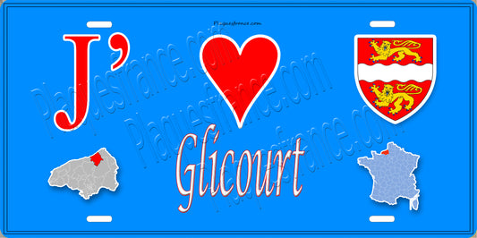 Plaque métal décorative  J' ❤️ Glicourt, Seine Maritime (76) bleu carte