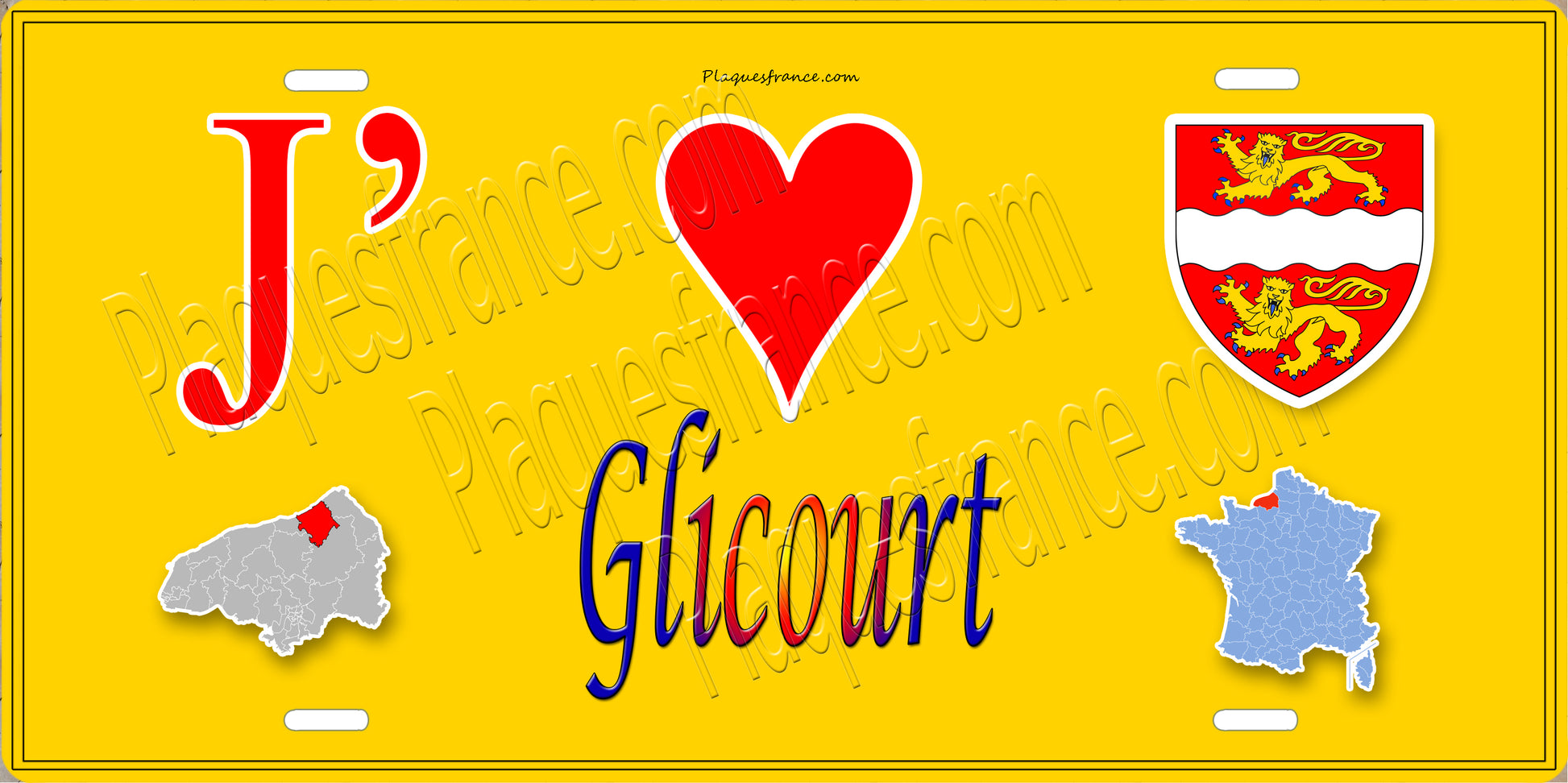 Plaque métal décorative  J' ❤️ Glicourt, Seine Maritime (76) jaune carte