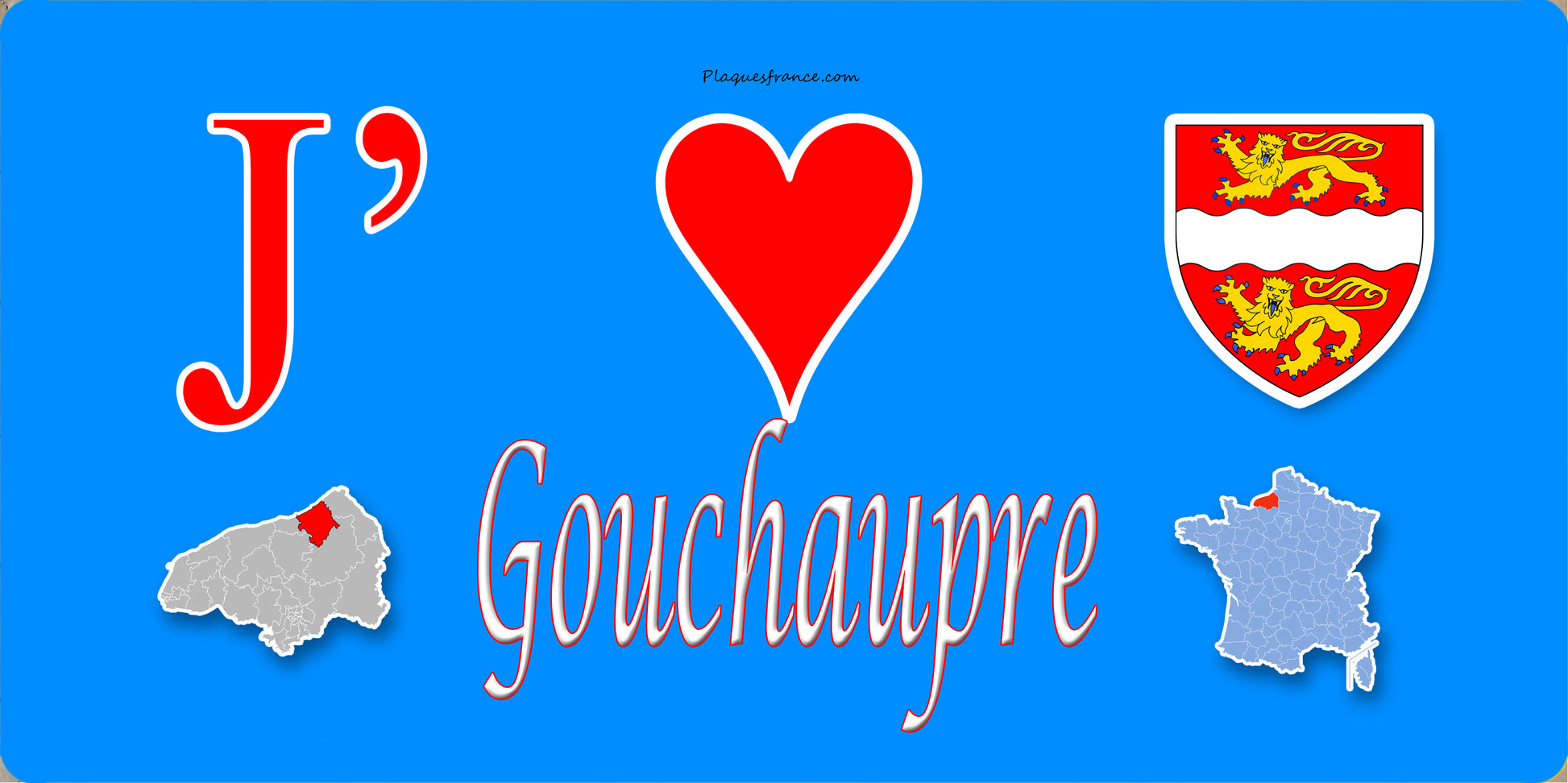 Plaque métal décorative  J' ❤️ Gouchaupre, Seine Maritime (76) bleu carte
