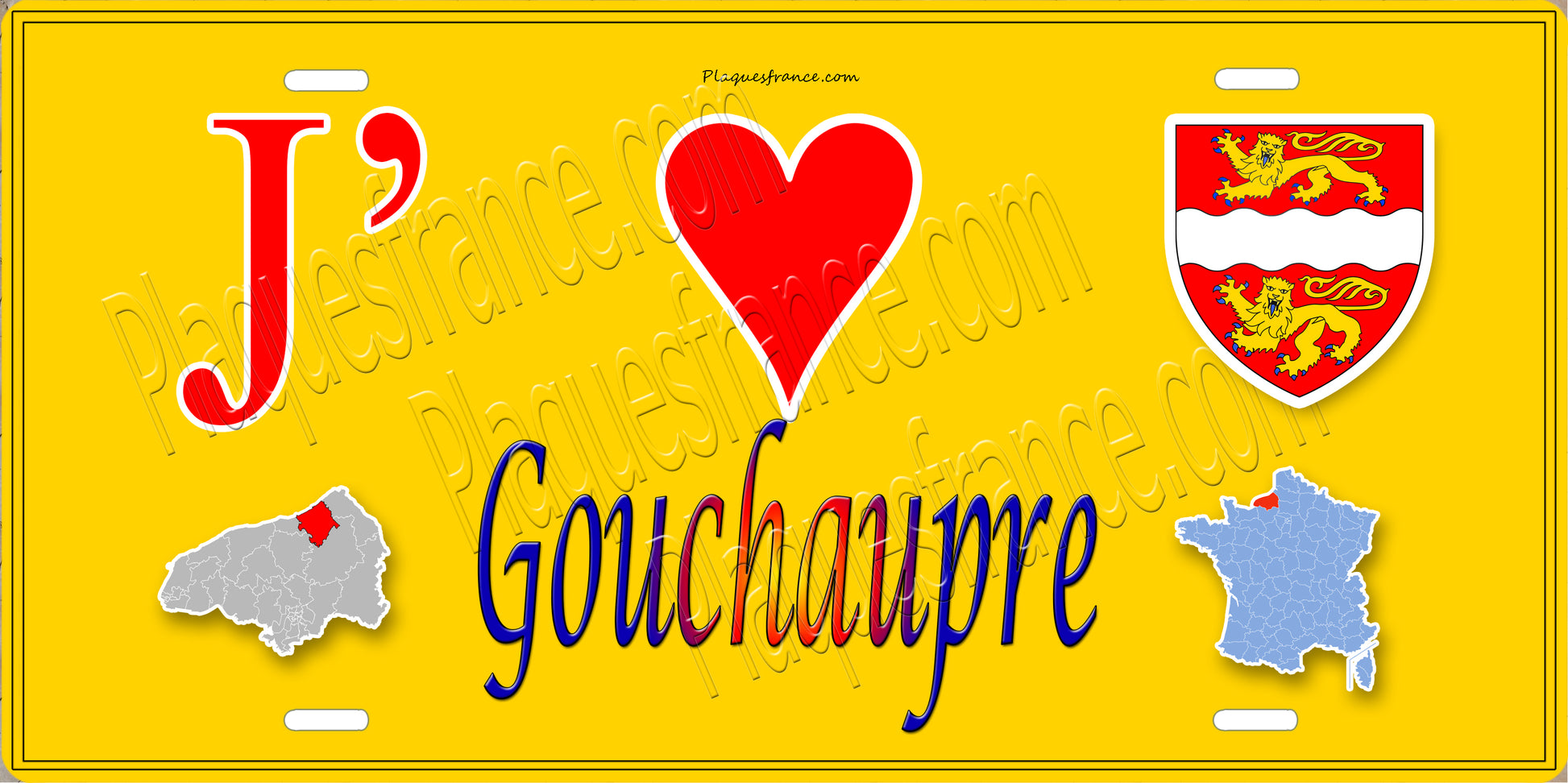 Plaque métal décorative  J' ❤️ Gouchaupre, Seine Maritime (76) jaune carte