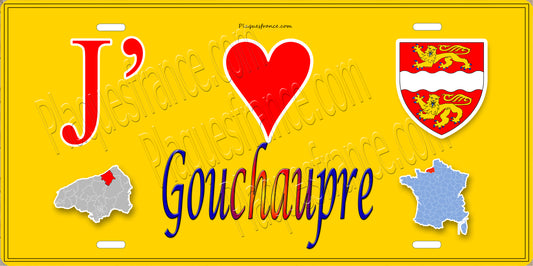 Plaque métal décorative  J' ❤️ Gouchaupre, Seine Maritime (76) jaune carte
