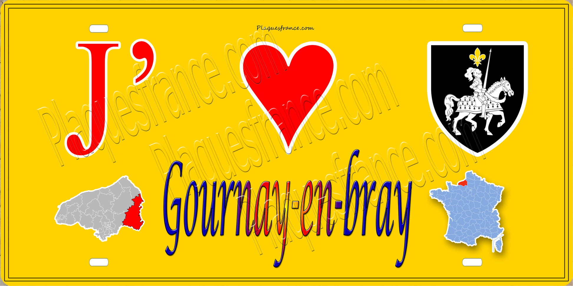 Plaque métal décorative 15X30 J' ❤️ Gournay en Bray, Seine Maritime (76) jaune carte