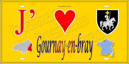 Plaque métal décorative 15X30 J' ❤️ Gournay en Bray, Seine Maritime (76) jaune carte