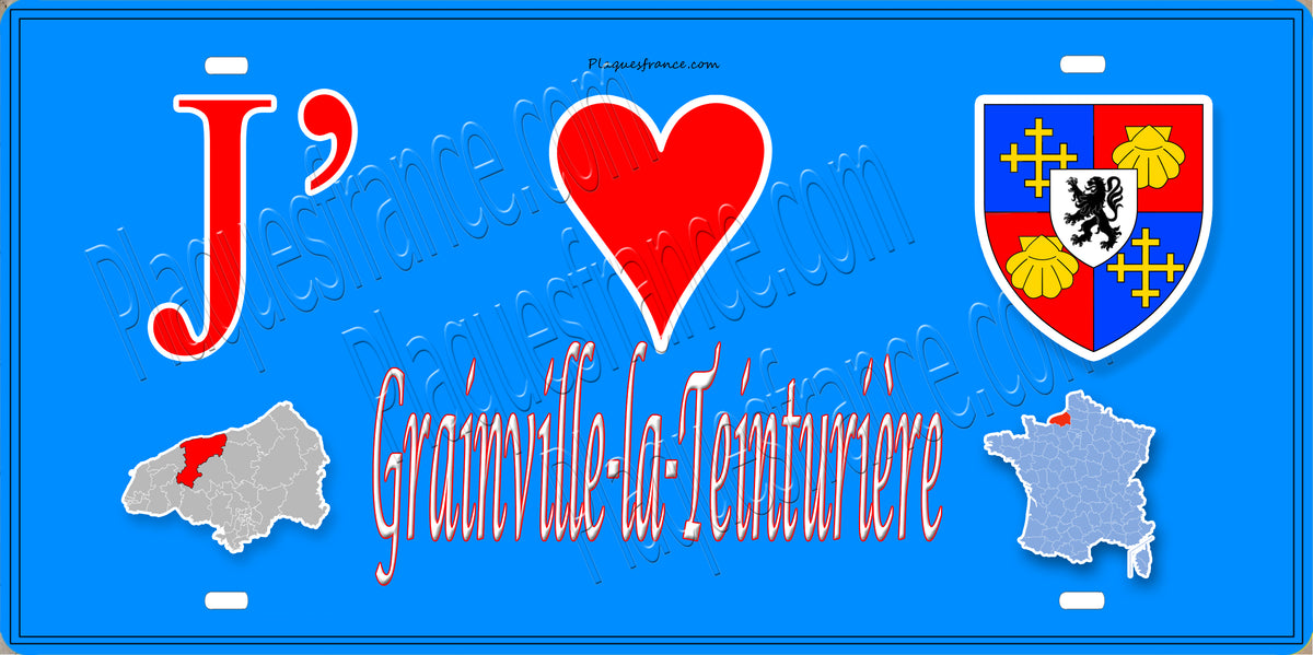 Plaque métal décorative 15X30 J' ❤️ Grainville-la-Teinturière, Seine Maritime (76) bleu carte