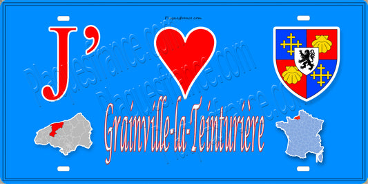 Plaque métal décorative 15X30 J' ❤️ Grainville-la-Teinturière, Seine Maritime (76) bleu carte