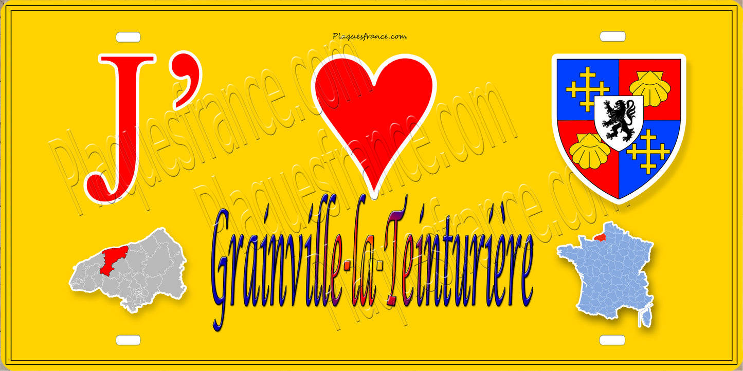 Plaque métal décorative 15X30 J' ❤️ Grainville-la-Teinturière, Seine Maritime (76) jaune carte