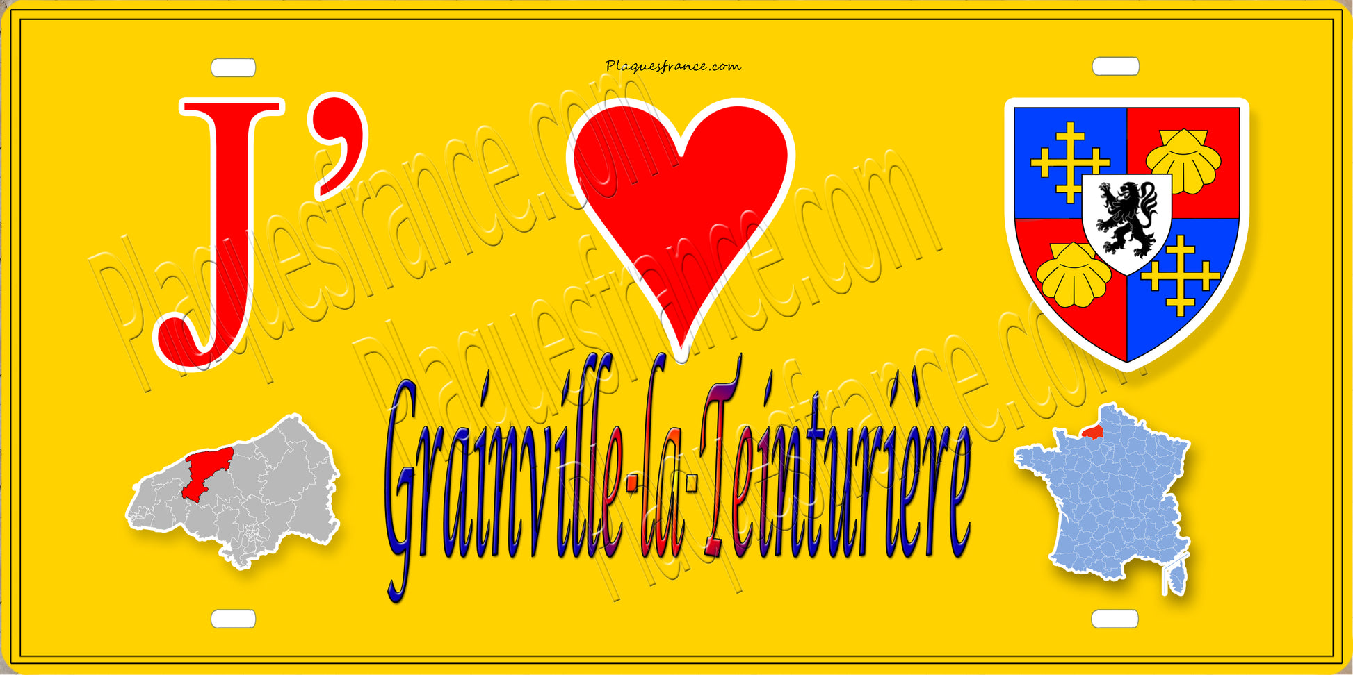 Plaque métal décorative 15X30 J' ❤️ Grainville-la-Teinturière, Seine Maritime (76) jaune carte