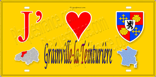 Plaque métal décorative 15X30 J' ❤️ Grainville-la-Teinturière, Seine Maritime (76) jaune carte