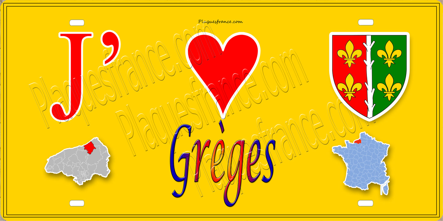 Plaque métal décorative 10x30 J' ❤️ Grèges, Seine Maritime (76) jaune carte